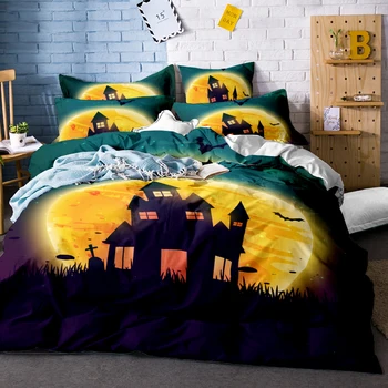 

2/3Pcs Halloween Design Teen Bed Linen Set Moonnight Haunted House Illustration Bedding Set Full Queen King Size Duvet Cover Set