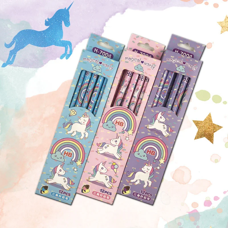

TOPSTHINK 12pcs/set Creative Rainbow Unicorn Pencil school Student Multi-use Writing Painting HB Wooden Pen for kids gift