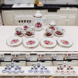 Ensemble de thé en céramique imprimé Mini fleur pour maison de poupée 1/12, modèle de jouet, décor de scène de jeu de cuisine, jouet d'ornement 