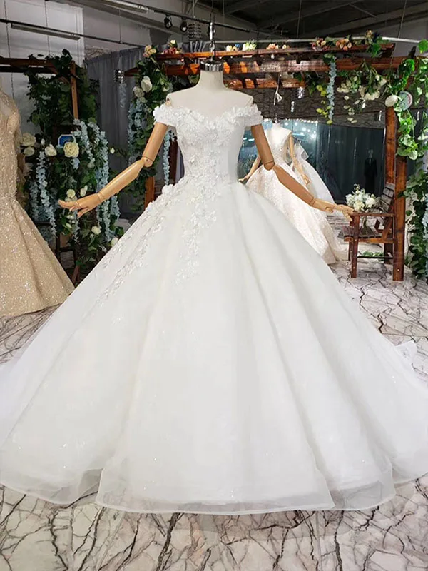 as picture LSS532 бальное платье свадебное платье со шлейфом с аппликацией 3D цветы с плеча v-образный Вырез свадебные платья органза noiva vestido 828 - Цвет: as picture