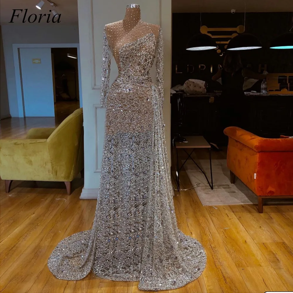 

High Fashion Glitter Prom Dresses 2019 Long Mermaid Formal Evening Dress Middle East Sheer Neck Party Gowns Abendkleider Custom