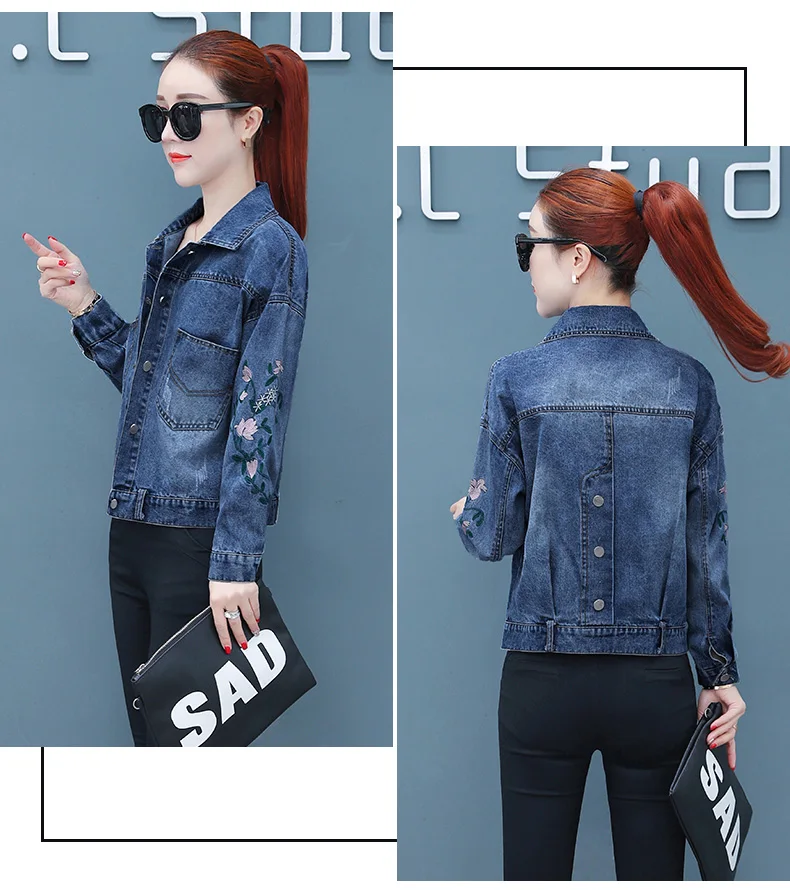 Новинка года, стильная Свободная куртка в Корейском стиле с вышивкой осенняя одежда короткое пальто джинсовое пальто с вышивкой и длинными рукавами Wom