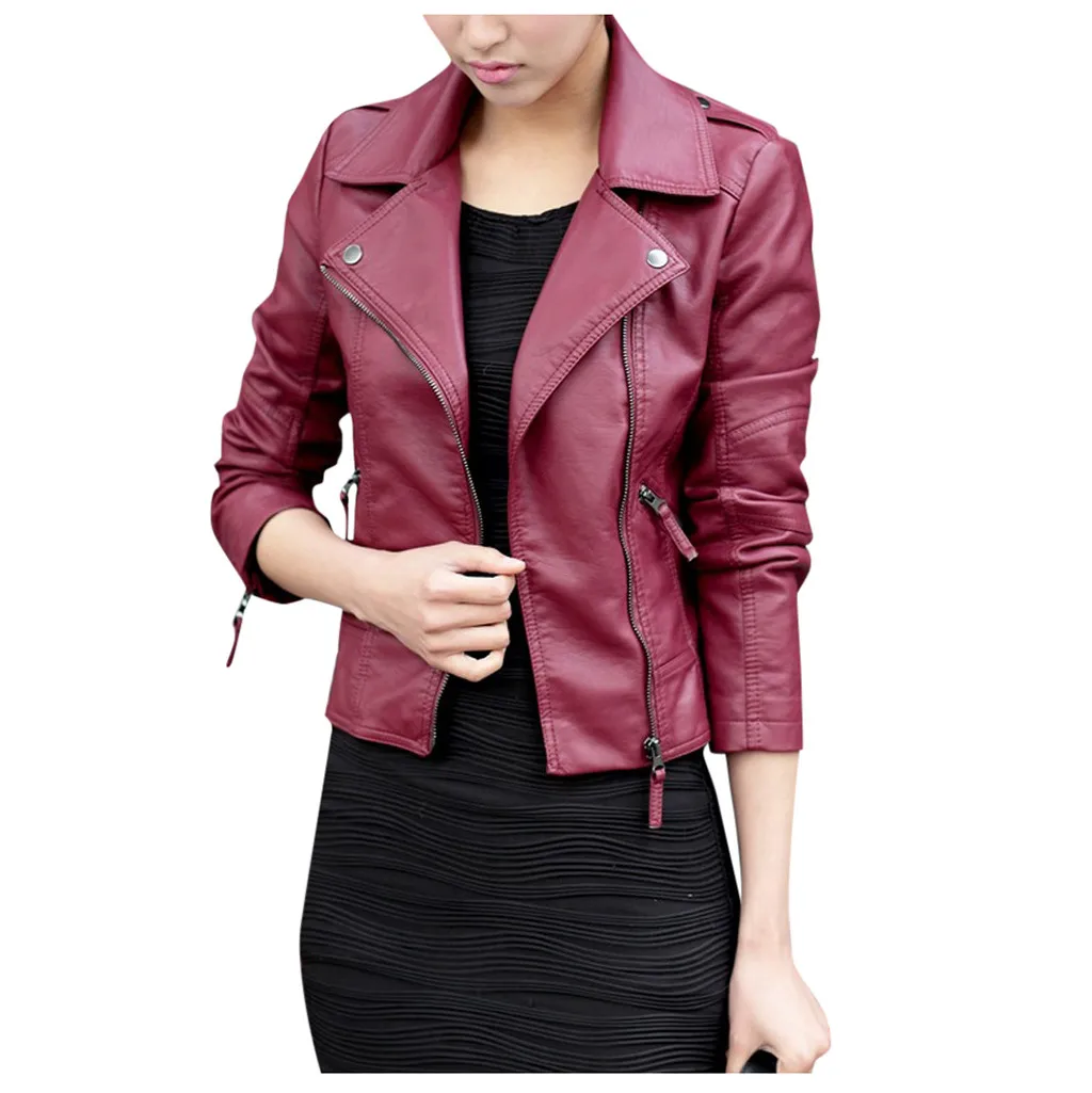 Jaycosin Fashion Women Winter Leather Zipper Jacket Slim Coat Stylish Long Sleeve Comfortable Motorcycle Coat Punk Outwear 18#4