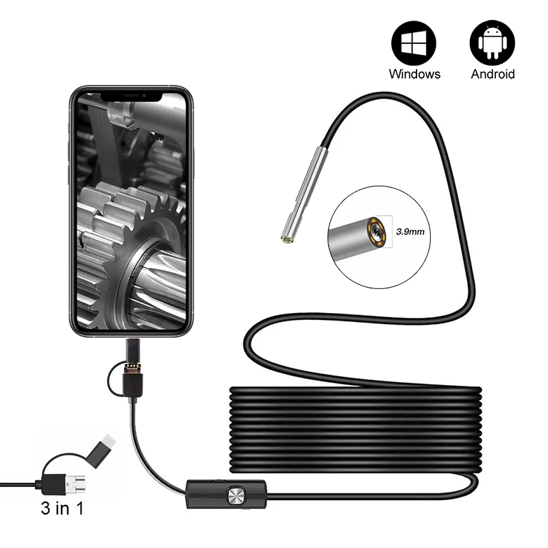 10m Mini caméra endoscopique USB 3 en 1 3.9mm type c à 6led, câble