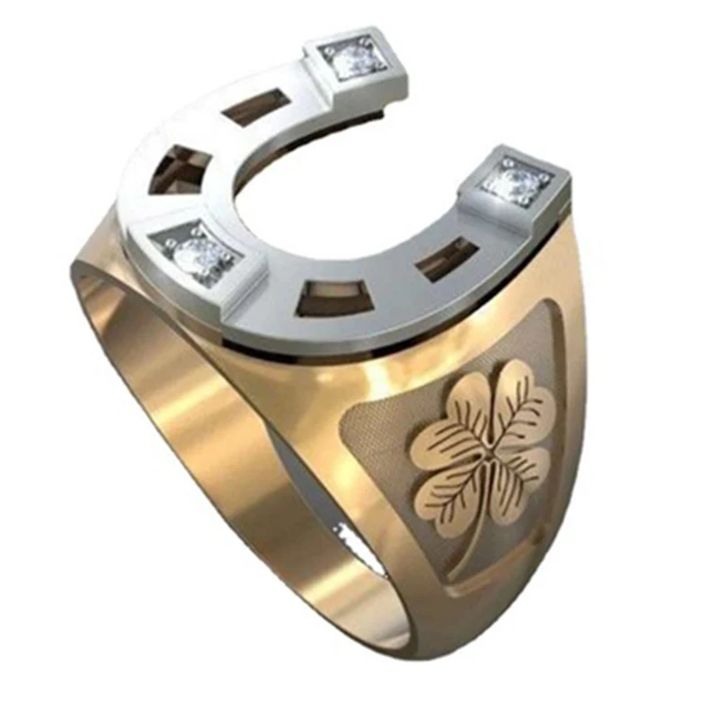 Wedding Ring Trendy Gold Colors Horseshoe U-shaped Creative Vintage Men Luxury Crystal Four Leaf Clover