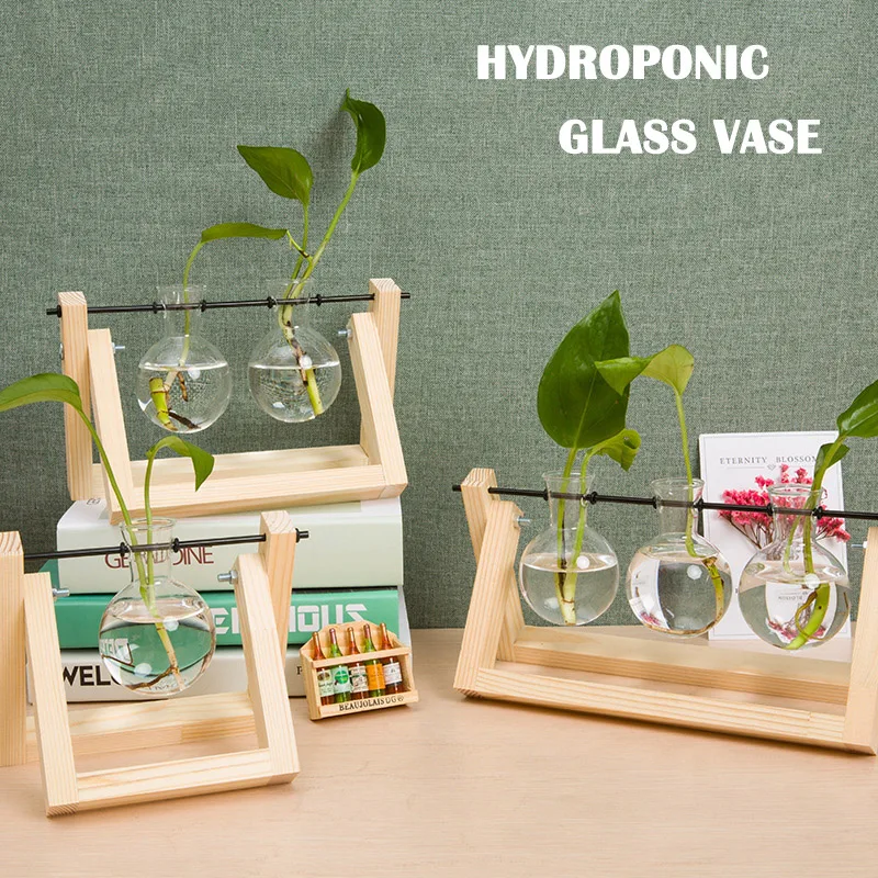 Стеклянная ваза настольная Гидропоника завод деревянный стеллаж Винтажный стиль для дома и сада E2S