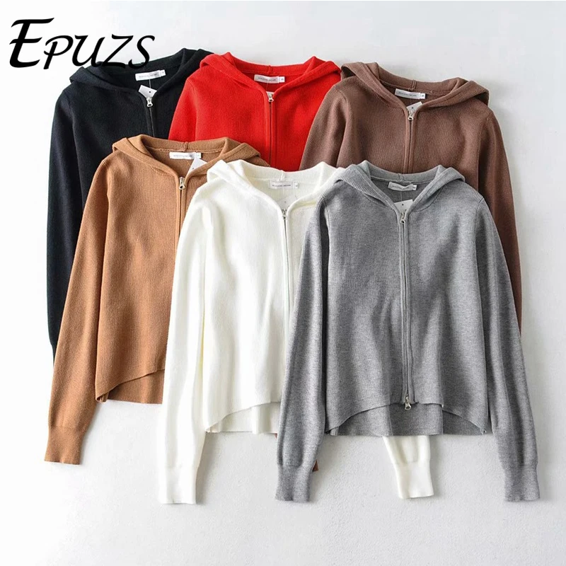 

Women Knitted Sweater Vintage Slim Long Sleeve Solid Hoodies Casual Fashion Loose Zipper Crop Tops Cardigan Sweater