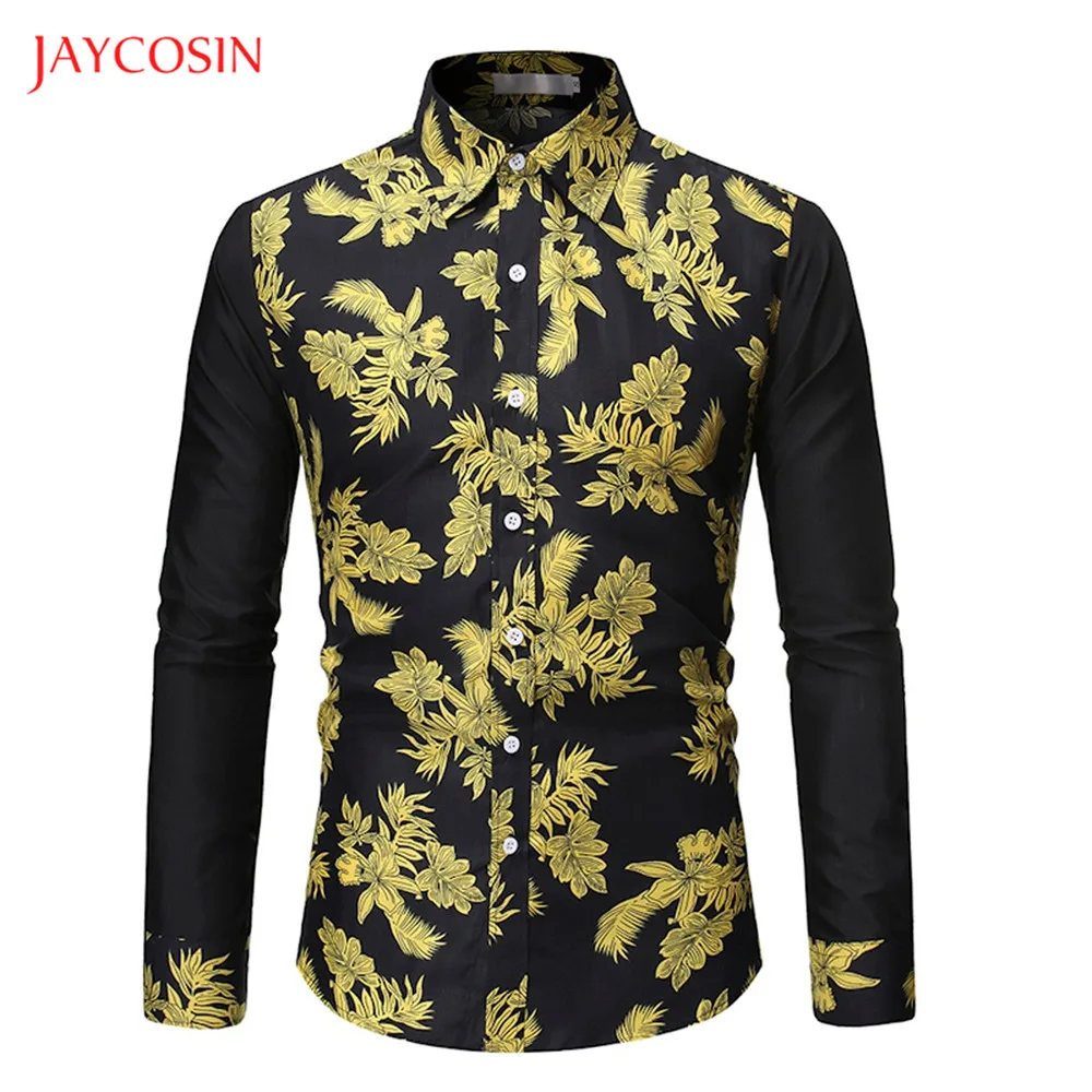 Joycosin, осенне-зимняя мужская рубашка, модная, с золотым цветочным принтом, из кусков, с манжетами, мужские топы, с длинным рукавом, с отворотом, приталенная рубашка, королевская