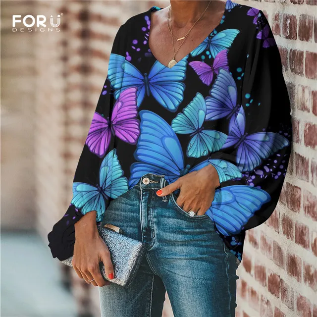 FORUDESIGNS/женские блузки с длинным рукавом и v-образным вырезом; свободные пуловеры с принтом красивых бабочек; мягкие вечерние шифоновые топы - Цвет: HME1699B2