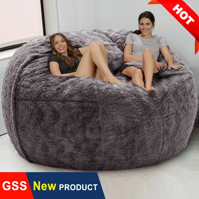 Giant Fur Bean Bag Chair Cover for Kids Adults, (No Filler) Living Room Furniture Big Round Soft Fluffy Faux Fur Beanbag Lazy Sofa Bed Cover (Black