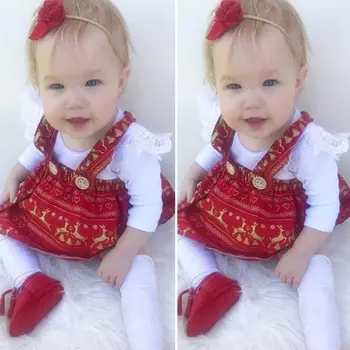 

My First Christmas Outfits Costume Infant Baby Girl Clothes Long Sleeve Soild Blank Romper Tops + Xmas Bib Skirt Outfit