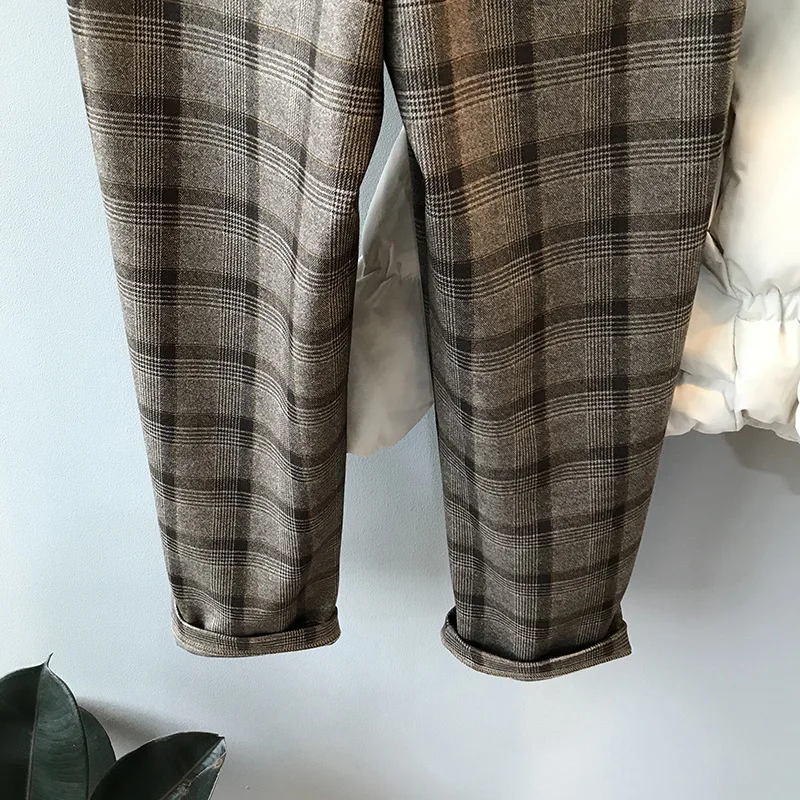 Casual pants women's autumn and winter new Korean version LOOSE WOOL PLAID Harun pants high waist 9-point pants