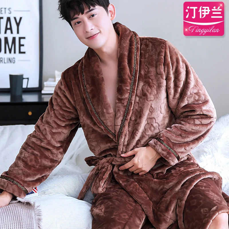 Влюбленные зимние толстые теплые фланелевый Халат мужские роскошное кимоно женское банное полотенце на липучке сексуальная одежда мужская Термоодежда плюс размер
