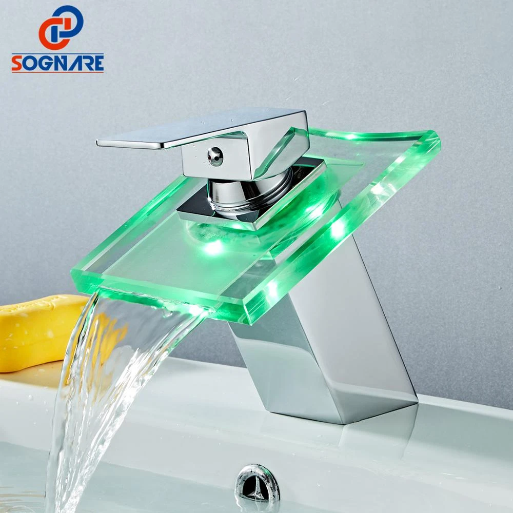 Soganre Led Basin Faucet Brass Waterfall Temperature 3 Colors Change Bathroom Mixer Tap Deck Mounted Wash Sink Glass Taps Crane Basin Faucets Aliexpress