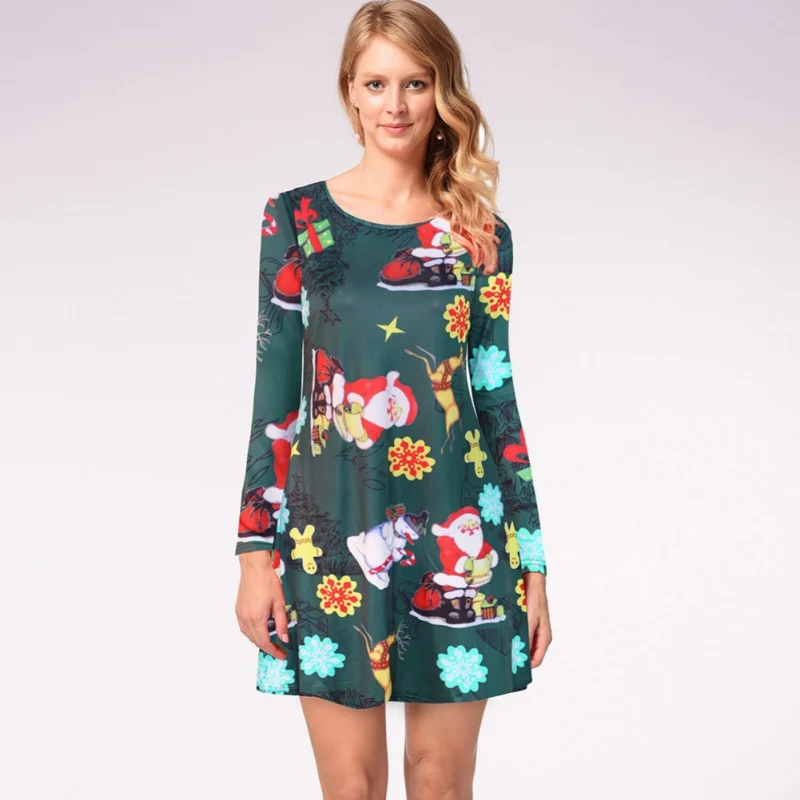 

Women Christmas Print Festive Celebration Short Dress Long Sleeve O Neck Casual Dress Straight Summer Dress