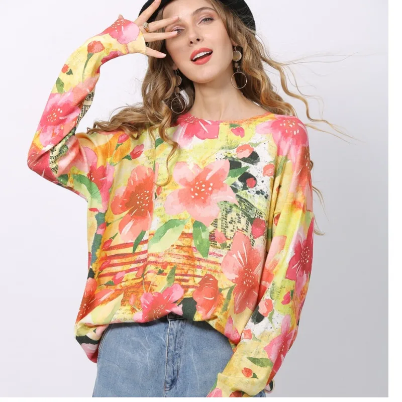 

Женский свитер с длинным рукавом, желтый вязаный свитер свободного покроя с принтом, X140, осень 2021