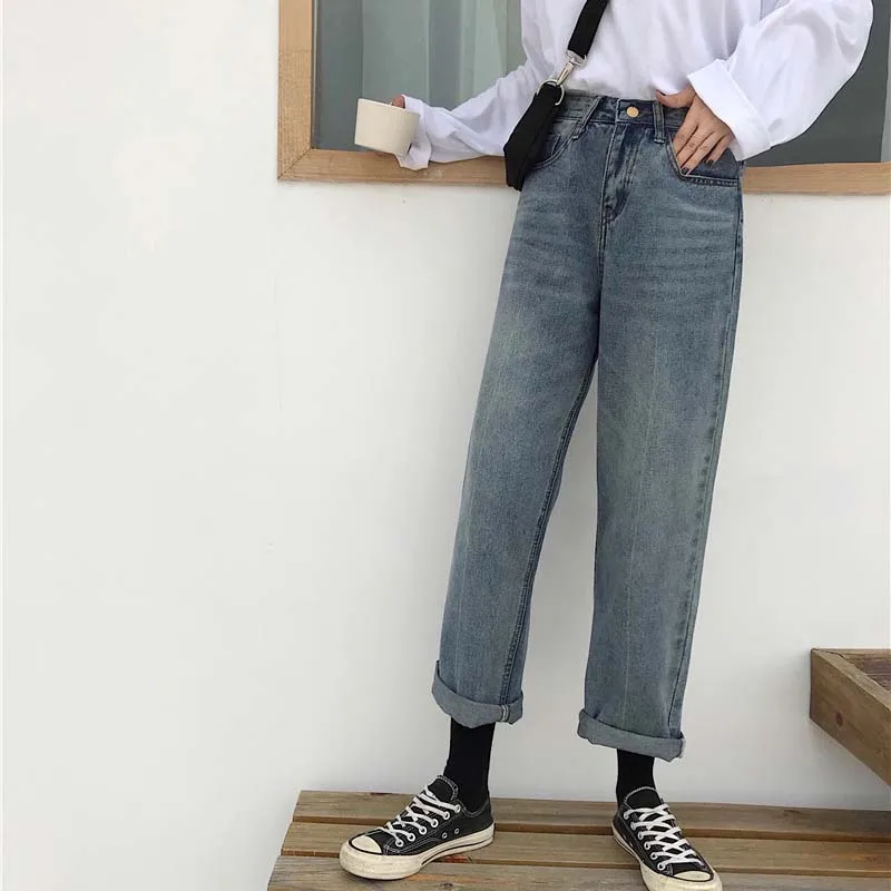 Женские джинсы Ulzzang Harajuku, уличная одежда, универсальные, новинка, корейский стиль, Ретро стиль, свободные, высокая талия, студенческие женские брюки, шикарные, повседневные