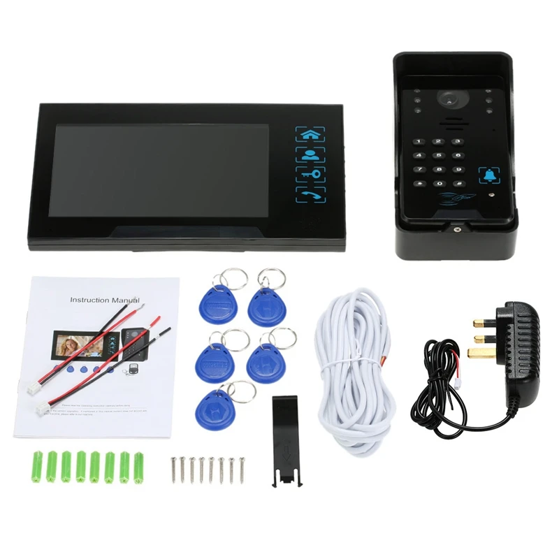 

Wired Press Key 7 Inch Video Door Phone Intercom Doorbell System Kit Night-Vision 1 Rfid Keypad Code Ir Camera +1 Monitor(Uk Plu