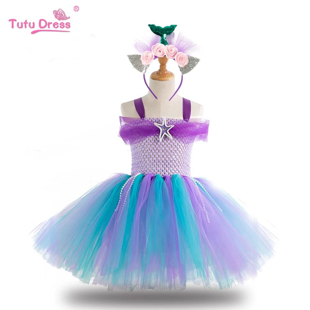 

Girls Princess Mermaid Tutu Dress Kids Dress Tulle Strap Ball Gown Children Ariel Ribbon Fancy Halloween Cosplay Costum Clothes