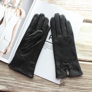 

2020 New Women Black Genuine Leather Gloves Button Style Fashion 7 Types Velvet Lining Keep Warm In Winter And Autumn Mittens