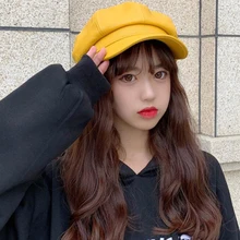 HT2626 осенне-зимние шапки для женщин, однотонные женские береты, Дамская Кожаная шапка, винтажная восьмиугольная кепка Newsboy, Artst берет шляпа художника