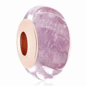 

New 925 Sterling Silver Bead Charm Rose Gold Glittering Grooves Murano Glass Charm Fit Bracelet Bangle Diy Jewelry