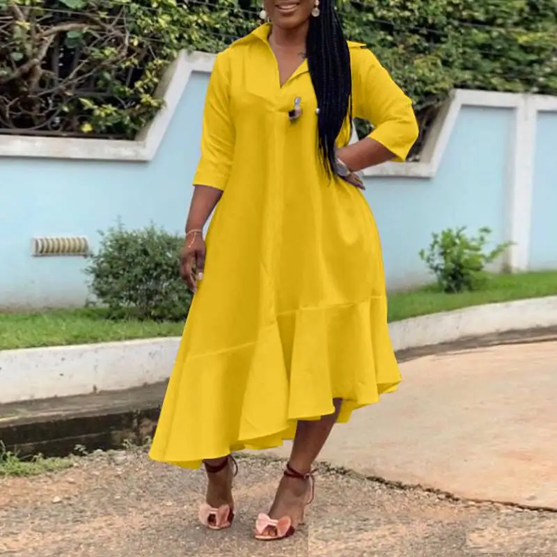 VONDA Women Ruffled Dress Ladies Autumn Irregular Hem Pleated Party