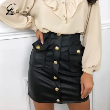 

Leather Skirts Womens Black Mini Sexy Push Up Skirt Pocket Jupe Femme Decorative Buttons Black Skirts