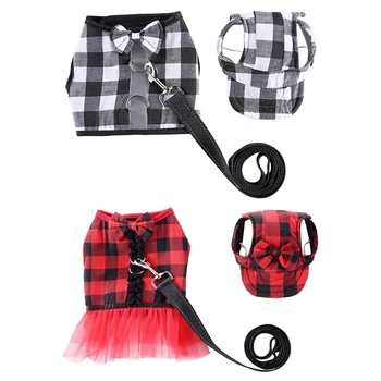 

Pet Dog Harness And Leash Hat Set Plaid Dog Girl Vest Harness Mesh Dress Dog Vest Harness For Chihuahua Pug Bulldog Cat