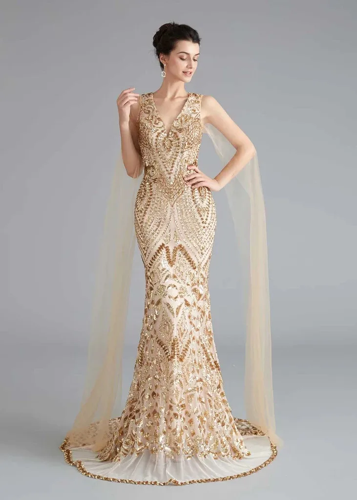 

Unique Tulle Long Sleeves Evening Gowns V Neck Lace Sequins Women Mermaid 2020 Prom Dress for Special Occations