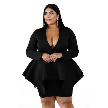 

Autumn Women Dress Plus Size Office Lady Dress Long Sleeve V Neck Ruffle Mini Dresses Classic Solid Color Wholesale Dropshipping