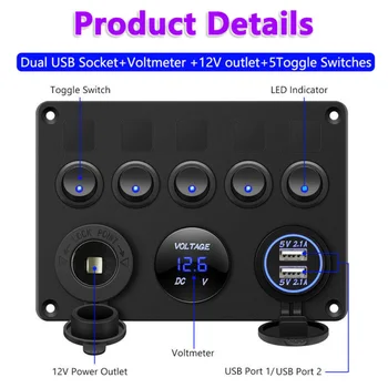 

5 Gang Rocker switch Panel Voltmeter Replacement Trucks Multi-function