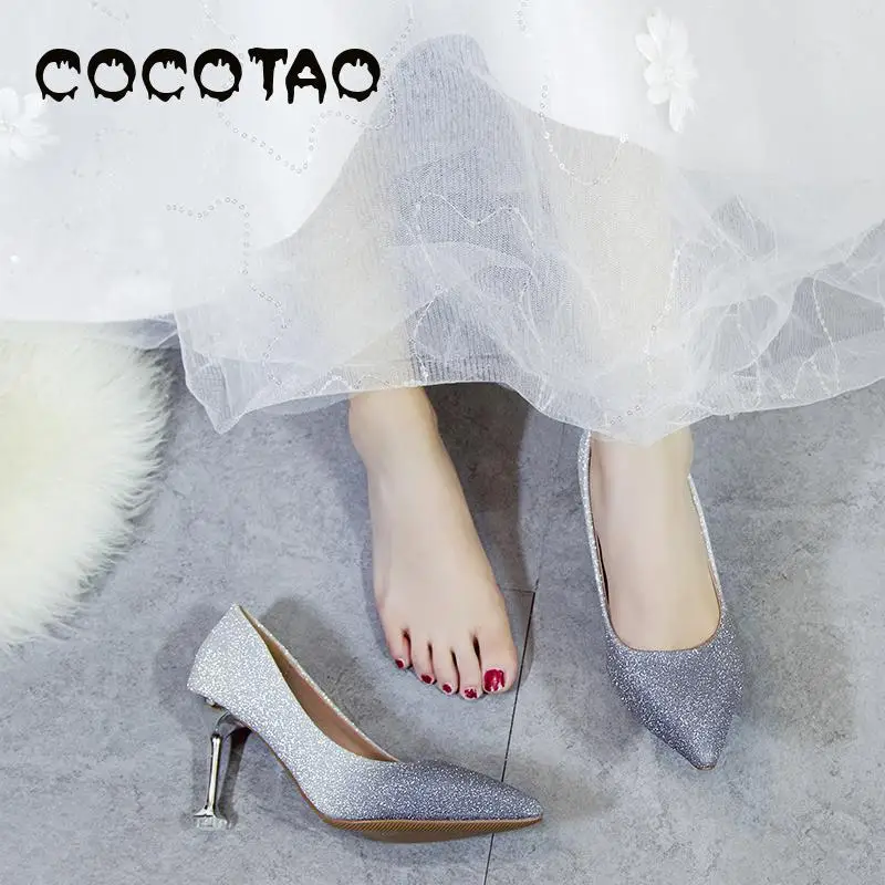 

Wedding Shoes Women 2019 New Spring And Autumn Pointed Sequin Wedding Bridesmaid Silver Shoes Bride Stiletto Heels