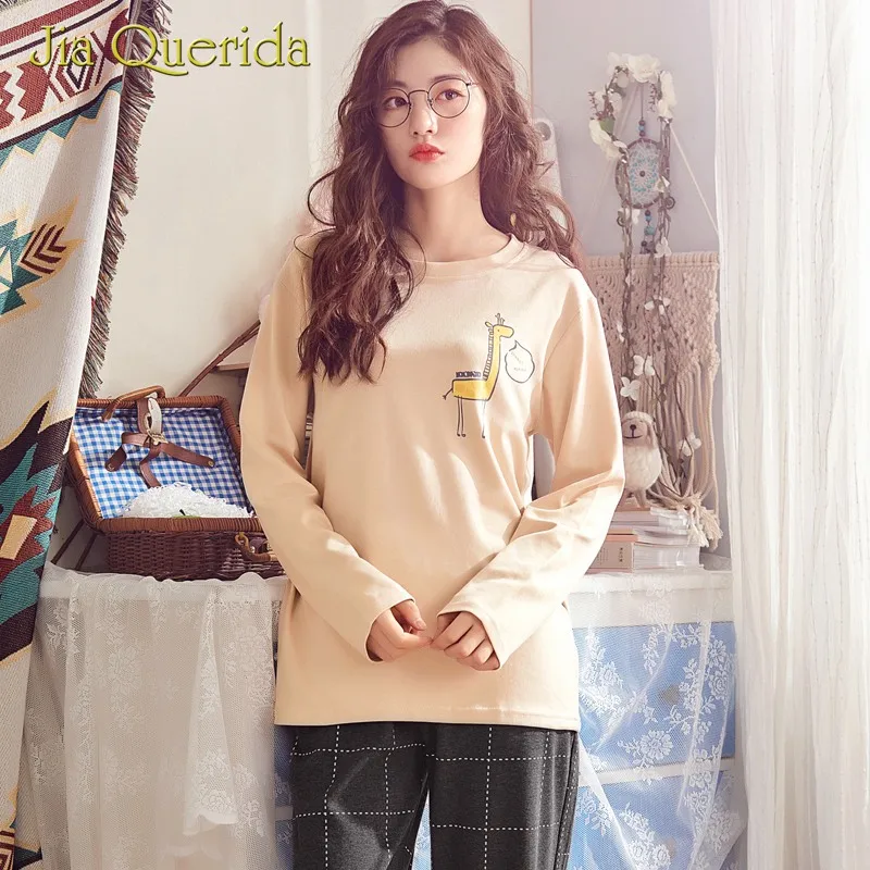 Loungewear, Женская Однотонная рубашка кремового цвета, жирафовый принт, дизайнерские клетчатые штаны, осенние женские пижамы, комплект Весенняя Пижама, костюм