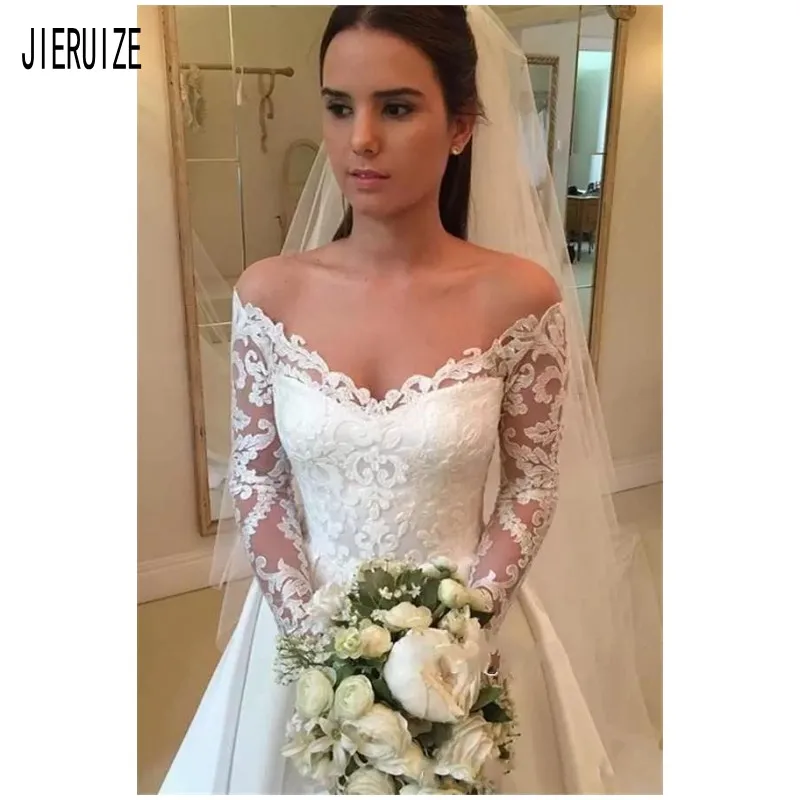 JIERUIZE, винтажное свадебное платье, v-образный вырез, длинные рукава, аппликации, съемный шлейф, атласные свадебные платья для невесты, Vestido De Noiva
