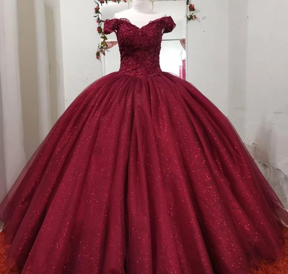 Vestido de baile de princesa rojo oscuro Borgoña, quinceañera, hombros apliques de encaje, cuentas, tul con lentejuelas, vestidos para desfile|Vestidos de quinceañera| - AliExpress