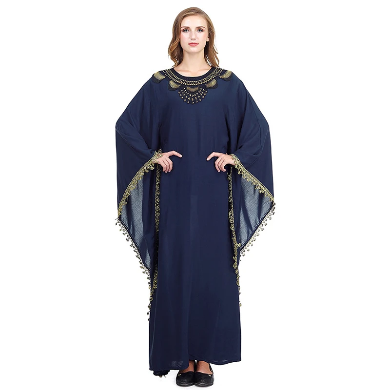 Dark blue Модное мусульманское женское платье с вышивкой Дубай, Турция, свободная мусульманская одежда с длинными рукавами Марокканская одежда - Цвет: Dark blue