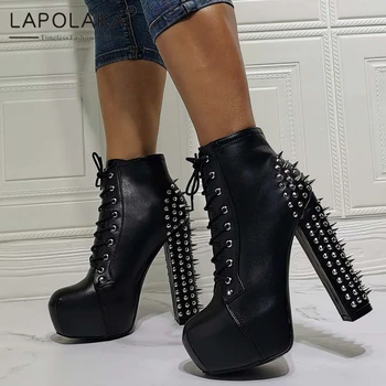 

Lapolaka Hot Sale 2021 Big Size 43 Super High Rivet Motorcycle Boots Women Shoes Shoelaces Rivet Cool Street Shoes Ladies