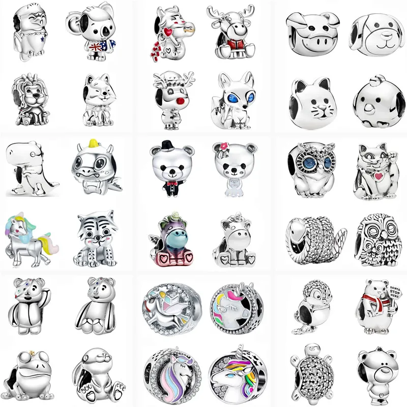 New Cute Silver Color Elk Lion Koala Bald Eagle Dog Unicorn Frog Animal Classic Beads Fit Original Pandora Charms Bracelets Gift | Украшения