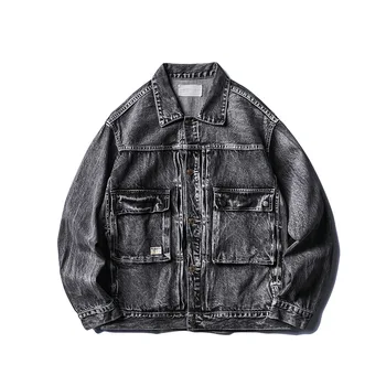 

2020 New Men Loose Denim Jacket Vintage Streetwear Hip Hop Japan Style Cargo Jean Bomber Jacket Coat Male Casual Outerwear