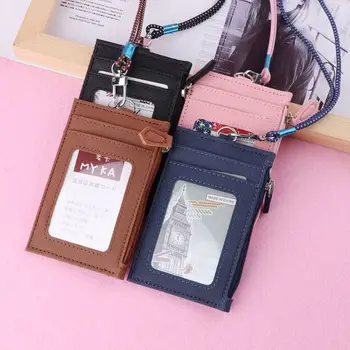 

Women Business Card Holder Wallet Men PU Leather ID Cards Crash Holders Case Neck Strap Lanyard Ladies Fashion Mini Slim Wallets