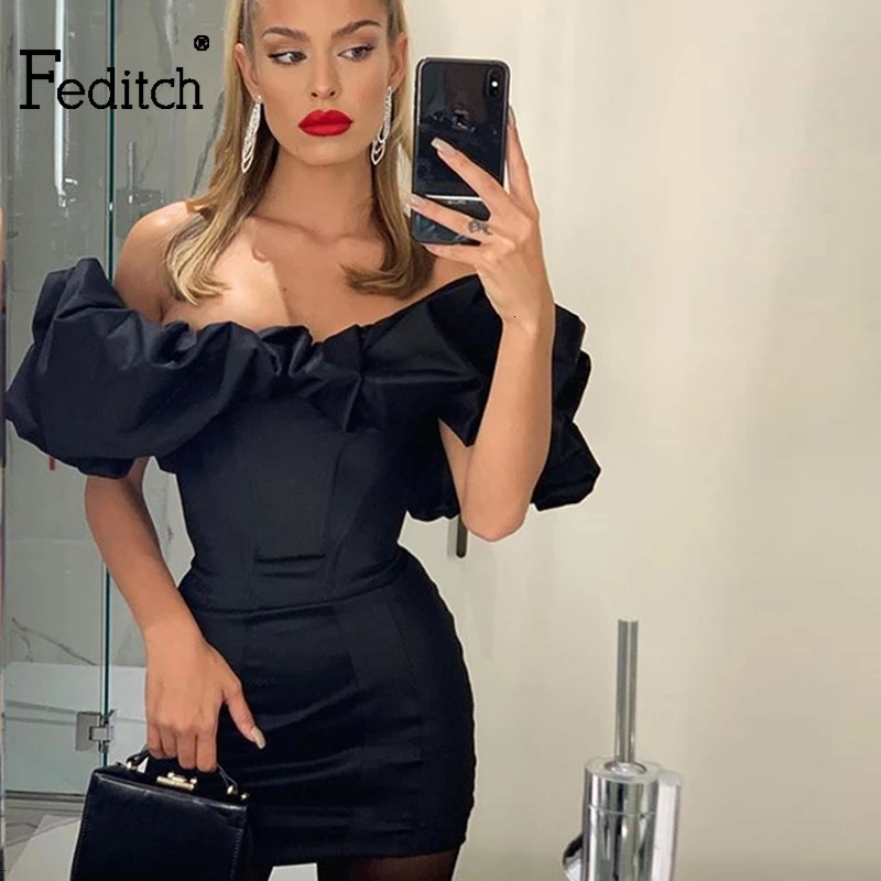 Feditch Satin Ruffles Sleeve 2020 Summer Dress Backless Strapless Bodycon White Dress Short Sexy Party Dress Nightclub Vestidos