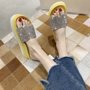 

Rimocy Fashion 2020 Summer Women Flat Crystal Slippers Soft Platform Women Shoes Beach Casual Thick Bottom Slides Sandal Woman