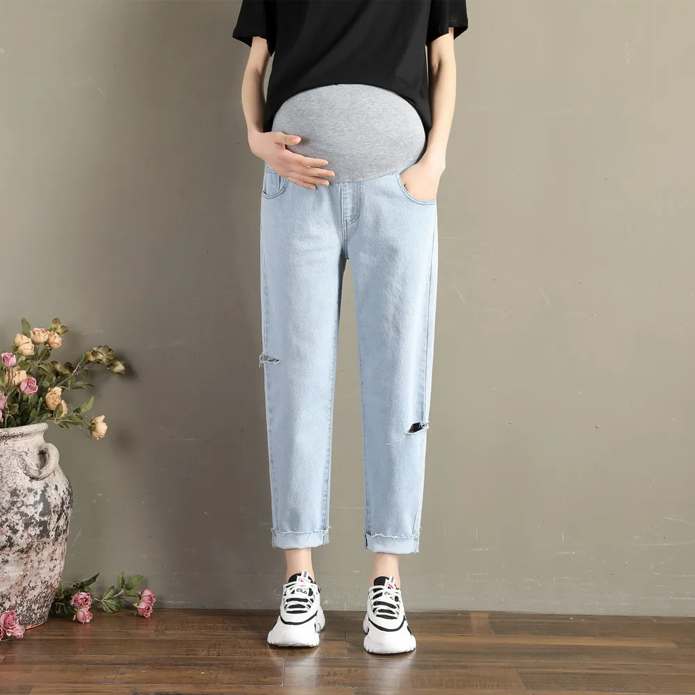 A303# летние модные рваные джинсовые беременности и родам штаны-шаровары джинсы брюки Одежда для беременных Для женщин обтягивающие, для беременных