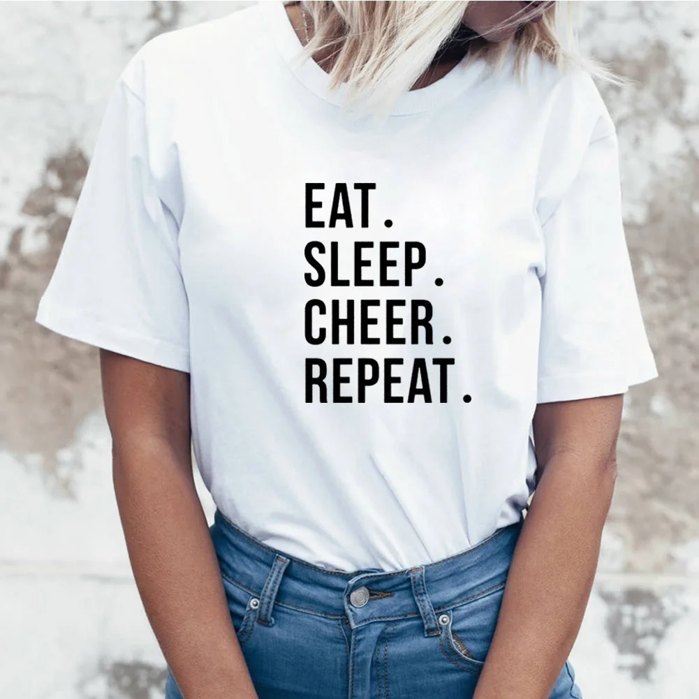 Веселая женская футболка с надписью Eat Sleep Cheer Женская белая круглым вырезом