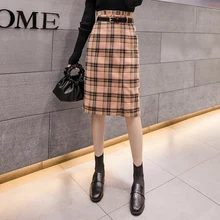 Юбки женские зеленые плед миди-юбка с высокой талией с поясом бутон талии дизайн прямая юбка официальная леди