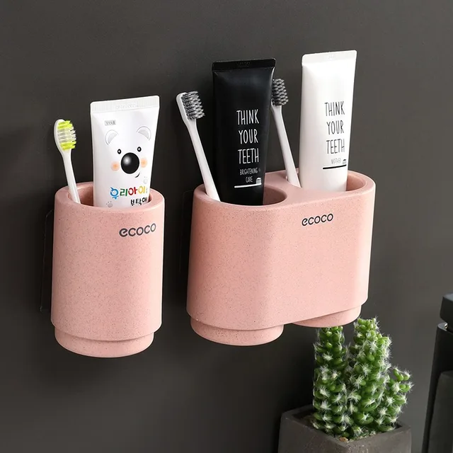 ECOCO Magnetic Adsorption Inverted Toothbrush Holder Simple Toothpaste Storage Rack with Wash Cup Punch Free Bathroom Sets Pink  Single -double