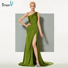 Dressv, зеленое элегантное вечернее платье, облегающее, со шлейфом, на одно плечо, с разрезом спереди, для свадьбы, вечеринки, торжественное платье, колонна, вечернее платье es
