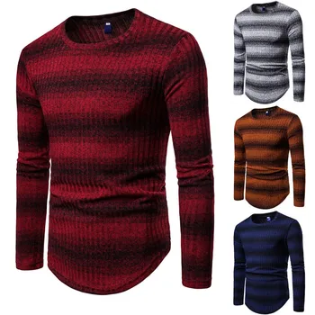 

2020 Autumn New Korean Men Simple Striped Gradient Round Neck Thick Sweater Stretch Casual All-match Sweater Tide Free Shipping