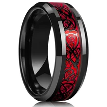  Fashion 8mm Men Red Groove Beveled Edge Stainless Steel Celtic Dragon Ring Zircon Inlay Red Carbon Fibre Ring Men Wedding Band 